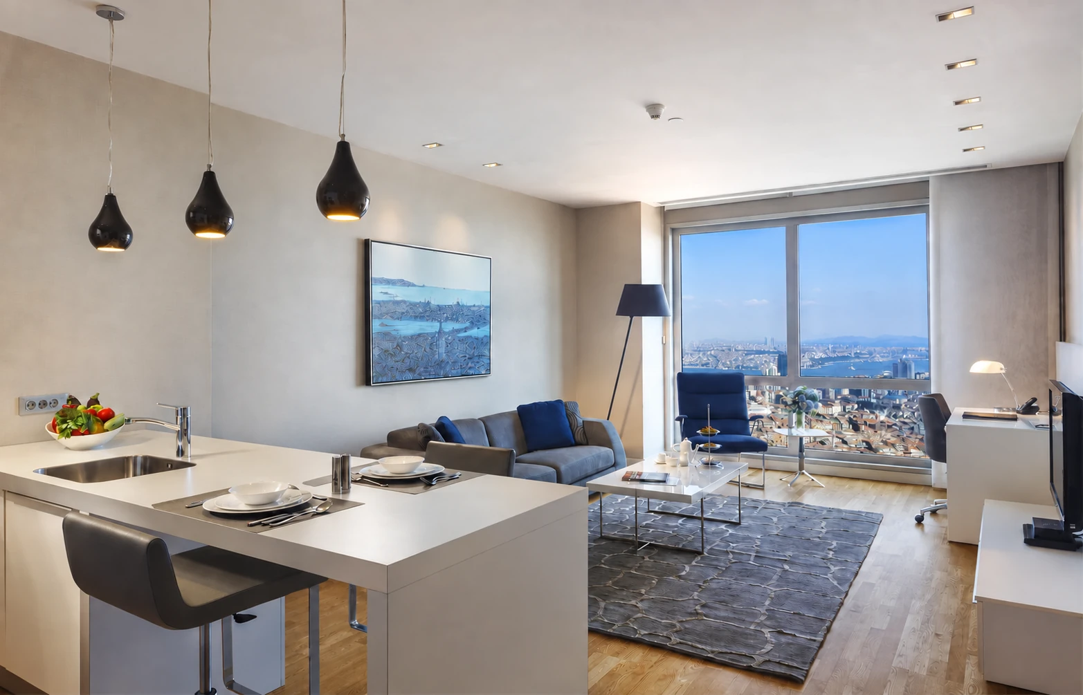 İstanbul manzaralı Anthill Suites yaşam ve yemek alanı