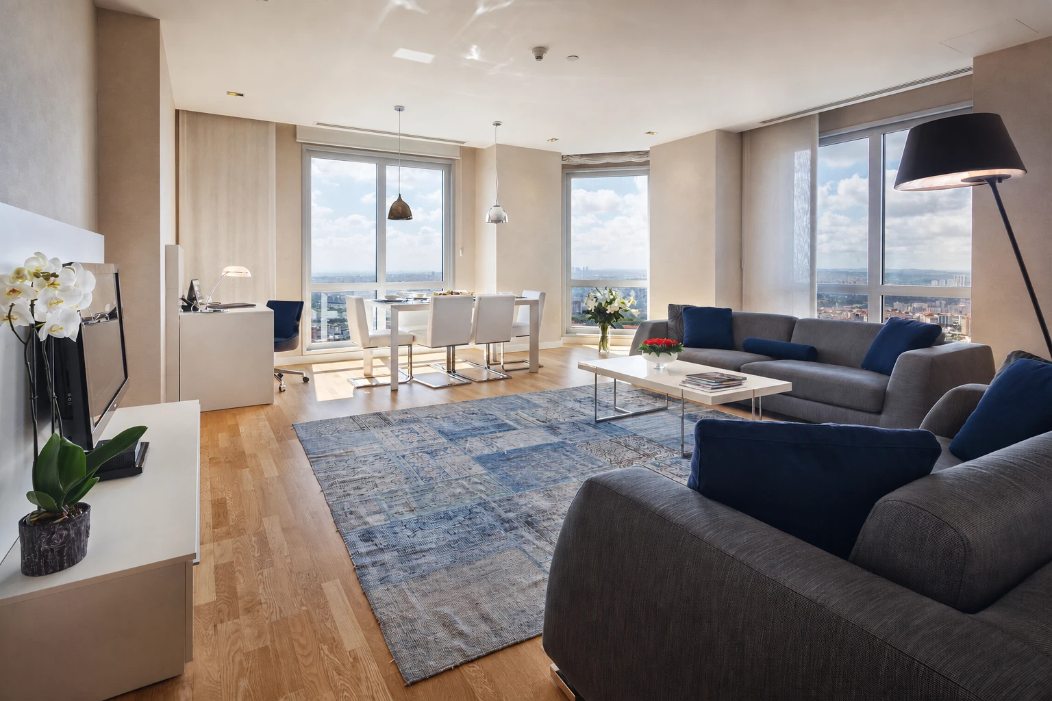 Anthill Suites İstanbul manzaralı salon ve yemek alanı